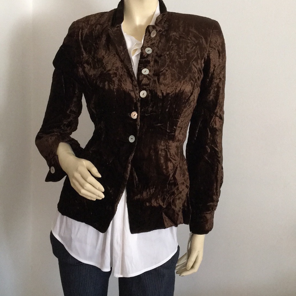 Petite Brown Velvet Blazer Jacket With Mandarin Collar And Buttons